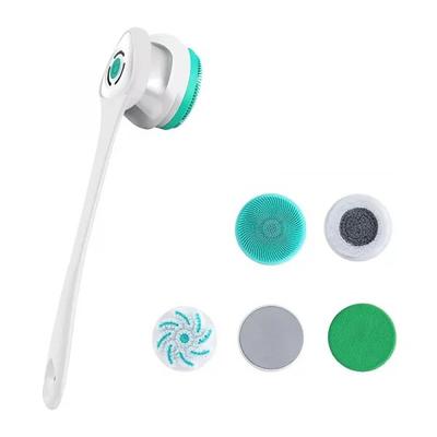 Rechargeable Electric Body Bath Brush with Long Handle and 5 Spin Shower Facial Brush Heads Waterproof Silicone Body Scrubber for Deep Cleansing and Exfoliating