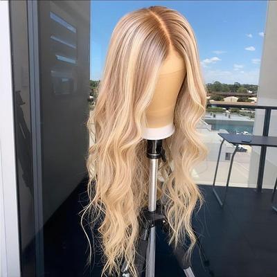 Unprocessed Virgin Hair 13x4 Lace Front Wig 26inch Middle Part Brazilian Hair Natural Wave Blonde Wig 130% 150% 180% Density Balayage Hair For wigs for black women Long Human Hair Lace Wig
