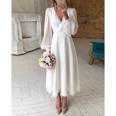 Simple Wedding Dresses Little White Dresses A-Line V Neck For Wedding Reception Lantern Sleeve Ankle Length Chiffon Bridal Shower Gowns With Solid Color 2024