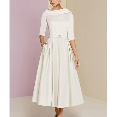A-Line Mother of the Bride Dress Wedding Guest Elegant Vintage Jewel Neck Tea Length Charmeuse Half Sleeve with Pleats Crystals 2024