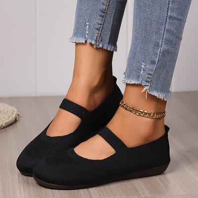 Women's Breathable Knit Fabric Mary Jane Flats – Comfortable Elastic Strap Slip-On Ballet Shoes for Daily Wear