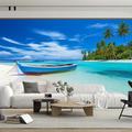 Beach Boat Landscape Wallpaper Roll Mural Wall Covering Sticker Peel and Stick Removable PVC/Vinyl Material Self Adhesive/Adhesive Required Wall Decor for Living Room Kitchen Bathroom