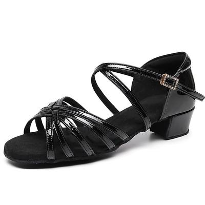 Women's and Girls' Black Strappy Latin Dance Shoes – Comfortable Suede Sole with Rhinestone Buckle for Ballroom and Salsa