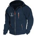 Anchored Hoodie Mens Graphic Tactical Military Sailor Navy Prints Rudder Fashion Daily Casual Outerwear Zip Vacation Going Streetwear Hoodies Dark Blue Cotton