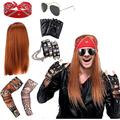 Heavy Metal Rocker Disco Fancy Dress Costume 70s 80s 90s Accessories with Sunglasses Bandanas Fake Temporary Tattoo Sleeves Inflatable Instrument