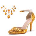 Women's Wedding Shoes Pumps Glitter Crystal Sequined Jeweled Bridal Shoes Tassel Stiletto Pointed Toe Elegant PU Buckle Silver Light Yellow Yellow