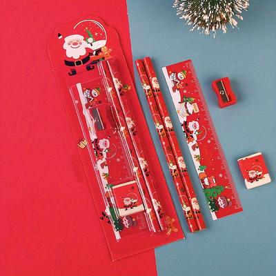 1set Christmas Pencil Combination Set With 2 Pencils 1 Eraser 1 Ruler 1 Pencil Sharpener School Supplies Christmas Gift Sketch Drawing Tools