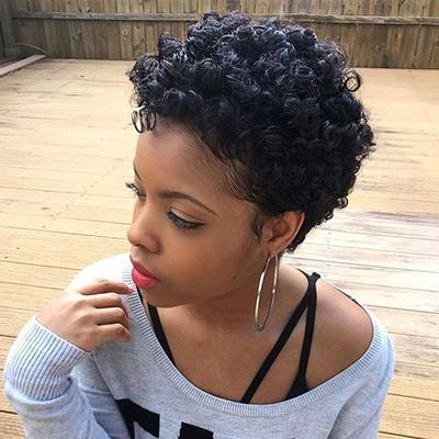 Human Hair Blend Wig Afro Curly Pixie Cut Machine Made Natural Black #1B Medium Brown Dark Wine Daily