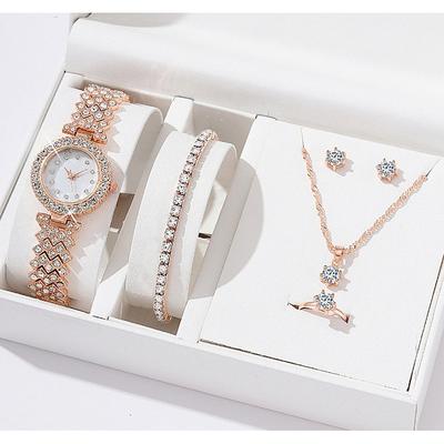 5 pcs/set Watch Set for Women - Shinny Rhinestone Fashion Starry Sky Digital Dial Quartz Watch Rings Necklace Earrings Jewelry Set Valentines Day Mother's Day Gifts