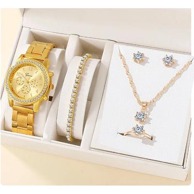 5 pcs/set Watch Set for Women - Shinny Rhinestone Fashion Starry Sky Digital Dial Quartz Watch Rings Necklace Earrings Jewelry Set Valentines Day Mother's Day Gifts