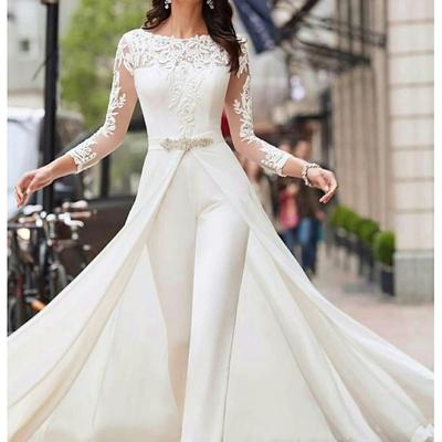 Hall Simple Wedding Dresses Casual Jumpsuits With Overskirts Illusion Neck Long Sleeve Floor Length Lace Bridal Gowns With Sashes / Ribbons Crystals dress to impress stretch dress 2025