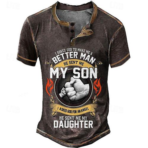 Papa Shirts Mens Graphic Shirt Asked God To Make Better Man Sent My Son For Angel Daughter Vintage 3D Blue Summer Cotton Henley Tee Father'S