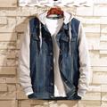 Men's Denim Jacket Outdoor Daily Wear Warm Button Pocket Fall Winter Color Block Fashion Streetwear Hooded Regular Blue Jacket