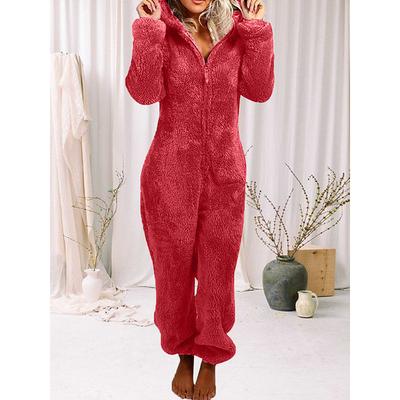 Women's Onesie Pajama Plush Fleece Bear Ear Hoodie Red Full-Length Winter Warmth Cozy Loungewear Zippered Sleepwear Casual Home Home Outfits