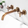 Wall Mount Bathroom Sink Mixer Faucet, Washroom Basin Brushed Gold Faucet Brass Basin Mixer Taps and Rough in Valve Included with Double Handle for Vessel Water Tap