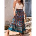 Women's Skirt Swing Bohemia Maxi High Waist Skirts Pleated Print Color Block Floral Vacation Going out Summer Cotton Polyester Vintage Retro Vintage Ethnic Casual Red Navy Blue Royal Blue