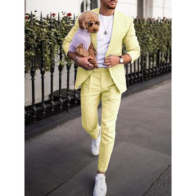 Daffodil Men's Summer Wedding Linen Suits 2 Piece Solid Colored Tailored Fit Single Breasted One-button