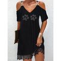 Women's Black Dress Party Dress Lace Dress Cocktail Dress Midi Dress Silver Black White Short Sleeve Geometric Lace Summer Spring Fall V Neck Elegant Winter Dress Wedding Guest