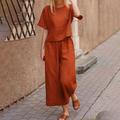 Women's Loungewear 2 Piece Linen Sets Solid Color Crew Neck Lounge Set Short Tops with Long Pants Spring Summer
