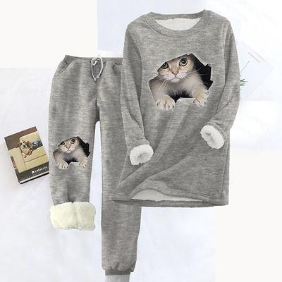 Women's Pajamas Sets Animal Cat Fashion Comfort Soft Carnival Home Fleece Warm Gift Crew Neck Long Sleeve Hoodie Pant Fall Winter