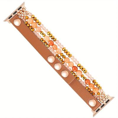 Smart Watch Band For Apple Watch 40mm 38mm 41mm Women, Elastic Beaded Leather Strap For Iwatch SE Series Ultra 8 7 6 5 4 3 2 1(Brown/Gold,38mm/40/41mm)