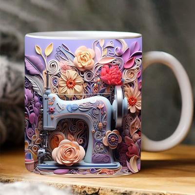 3D Sewing Mug, 3D Floral Sewing Machine, 3D Sewing Machine Mug, Ceramic Coffee Mug, 3D Coffee Mug Wrap, Sewing Gift for Women, Christmas Gift Xmas Gift