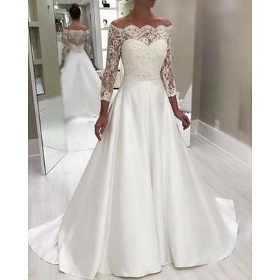Engagement Formal Wedding Dresses Ball Gown Off Shoulder Long Sleeve Court Train Satin Bridal Gowns With Beading Appliques 2024