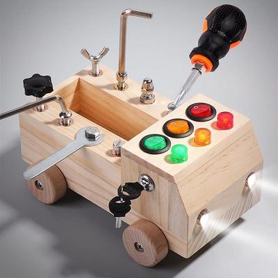 Wooden Led Switch Busy Board Disassembly Screw Nut Tool Car Montessori Early Education Educational Toys Go to School Holiday Gifts for Kids for Christmas Gifts