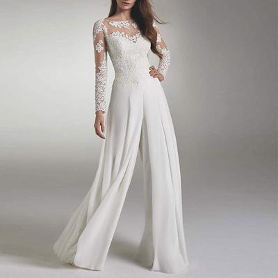Beach Wedding Hall Casual Wedding Dresses Jumpsuits Illusion Neck Long Sleeve Floor Length Chiffon Bridal Gowns With Appliques 2025