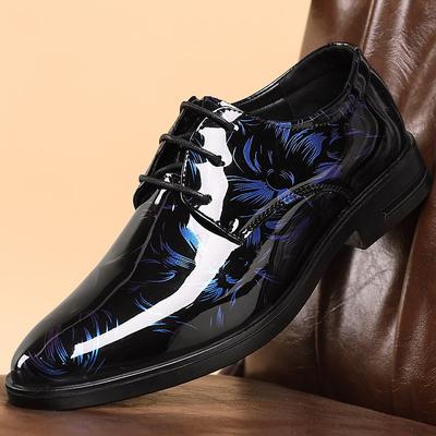 Men's Black Patent Leather Oxford Shoes – Glossy Lace-Up Dress Shoes with Red Feather Pattern for Weddings Formal Events