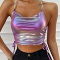 Women's Shirt Tank Top Crop Top Plain Sparkly Party Club Weekend Purple Backless Sleeveless Metallic Sexy Iridescent Halter Neck Regular Fit