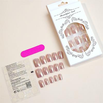 Short Press on Nails Square Pink Chrome Powder Design Acrylic Gel Fake Nails Kit with Glue, Fall Press on Nails Natural Fit Sticker on Nail Art Kit 24Pcs, Glazed Pink