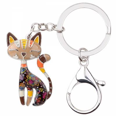 Enamel Alloy Floral Elegant Kitten Cat Keychains Key Ring Animal Pets Jewelry Gift for Women Girls Purse Handbag Charms Accessories