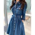 Women's Swing Dress Denim Shirt Dress Maxi long Dress Denim Formal Casual Outdoor Winter Dress Daily Shirt Collar Ruched Pocket Long Sleeve Winter Fall Spring 2023 Regular Fit Blue Pure Color S M L