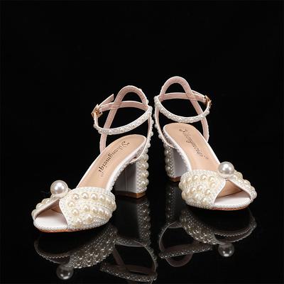 Wedding Shoes for Bride Bridesmaid Women Peep Toe White Beige PU Sandals with Imitation Pearl Block Heel Chunky Heel Ankle Strap Wedding Party Evening Daily Elegant Classic