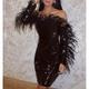 Mermaid / Trumpet Cocktail Black Dress Vintage Dress Halloween Knee Length Long Sleeve Off Shoulder Fall Wedding Guest Sequined with Feather 2024