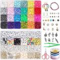 7200 Pcs Clay Beads Bracelet Making Kit, 24 Colors Flat Round Polymer Clay Beads with Letter Beads Face Beads and Pendant Charms for Jewelry Making, Heishi Beads for Necklace Earring DIY Craft