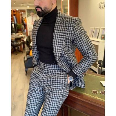 Black White Men's Tweed Suits Houndstooth Checkered 2 Piece Fall Winter Wedding Suits Casual Blazer Pants Set Tailored Fit Single Breasted One-button 2024