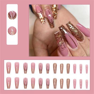 24pcs Ballet Nail Long Shiny Gold Powder Wearable Nail Sticker Nail Art Removable Nail Patch Finished Net Red Nail