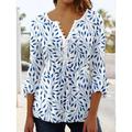 Women's Shirt Blouse Tunic White Red Navy Blue Floral Polka Dot Button Flowing tunic 3/4 Length Sleeve Daily Weekend Streetwear Casual V Neck Regular Floral S