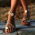 Women's Sandals Boho Bohemia Beach Flat Sandals Party Daily Beach Solid Color Floral Summer Beading Flower Flat Heel Round Toe Cute Casual Minimalism Lace Faux Leather Loafer Ankle Strap Brown