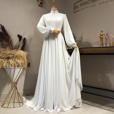 Hall Vintage 1940s / 1950s Casual Wedding Dresses A-Line High Neck Long Sleeve Court Train Chiffon Bridal Gowns With Pleats Solid Color 2025