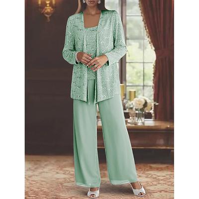 Jumpsuit / Pantsuit 3 Piece Beach Wedding Mother of the Bride Wedding Guest Elegant Scoop Neck Floor Length Chiffon Lace Sleeveless Wrap Included with Sequin 2025