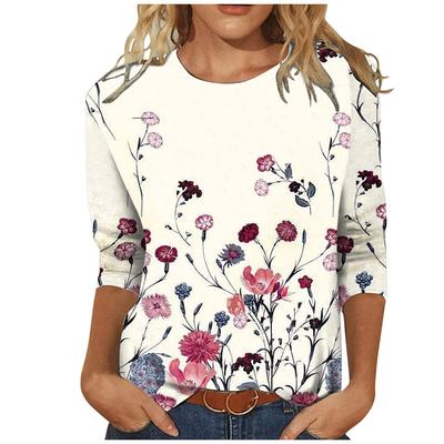 Women's T shirt Crew Neck Long Sleeve Tunic Tee White Red Purple Floral Butterfly Print Casual Daily Basic Vintage Round Neck Regular Floral Abstract Painting S