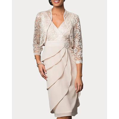 Two Piece Sheath / Column Mother of the Bride Dress Wedding Guest Church Elegant V Neck Knee Length Chiffon Lace 3/4 Length Sleeve Wrap Included with Embroidery Cascading Ruffles 2024