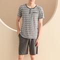 Men's Loungewear Pajama Set Pajama Top and Shorts 1 set Stripe Stylish Casual Home Daily Bed Cotton Breathable Soft Crew Neck Short Sleeve T shirt Tee Shorts Elastic Waist Spring Summer Navy Blue Gray