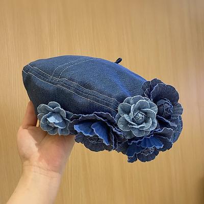 Vintage Flower Decor Beret Cap For Women Blue Denim Washed Berets Lightweight Octagonal Hat Classic Painter Hats