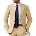 Men's Linen Suits Beach Wedding 2 Piece Solid Light Yellow Light Blue Lake blue Colored Tailored Fit Single Breasted Two-buttons 2024