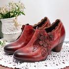 Women's Vintage Brown Premium Cowhide Leather Ankle Boots with Floral Embellishments – Retro Style for Fall and Winter