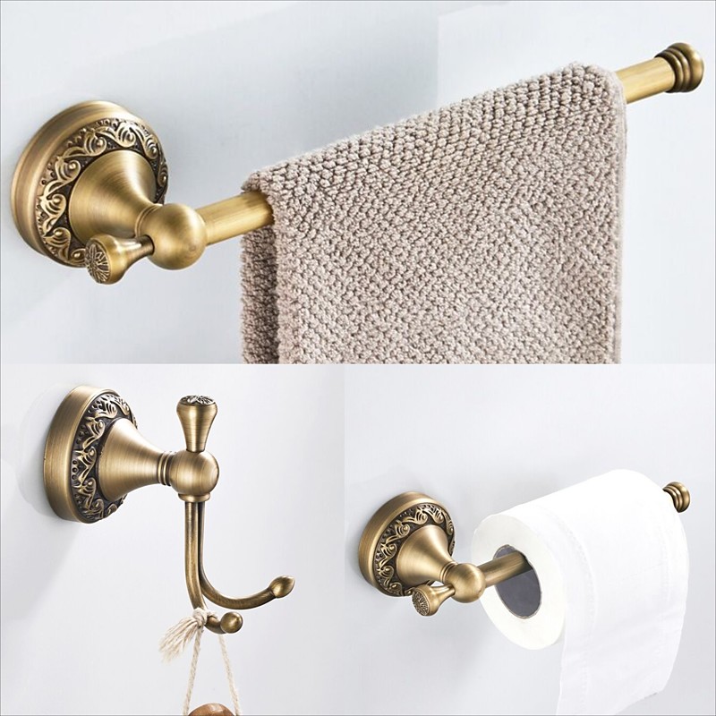 Golden Brushed Brass Towel Holder Bathroom Accessory Towel Ring/Toilet Paper Holder/Robe Hook Antique Brass Bathroom Single Rod Wall Mounted Carved Design